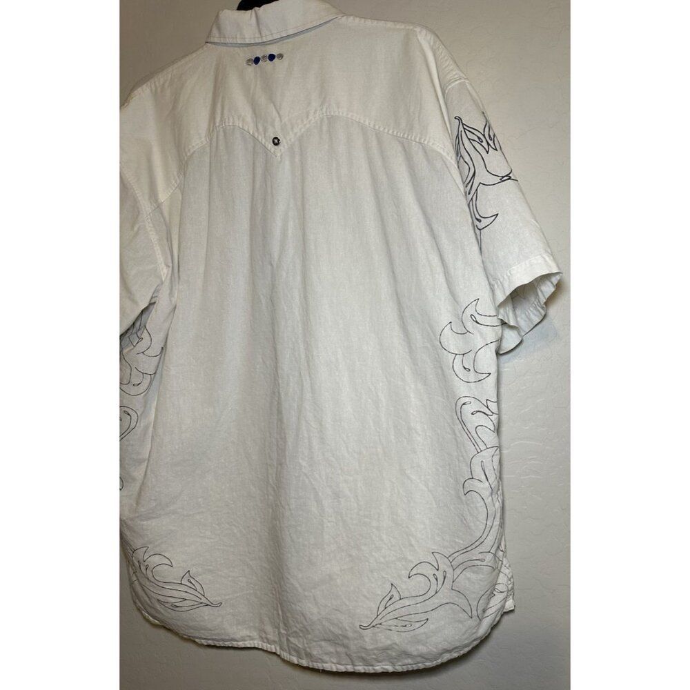 VTG COOGI Button Up Shirt 3XL Blue Embroidered Luxe Ivory Linen‎ Y2K Grunge - Picture 7 of 12